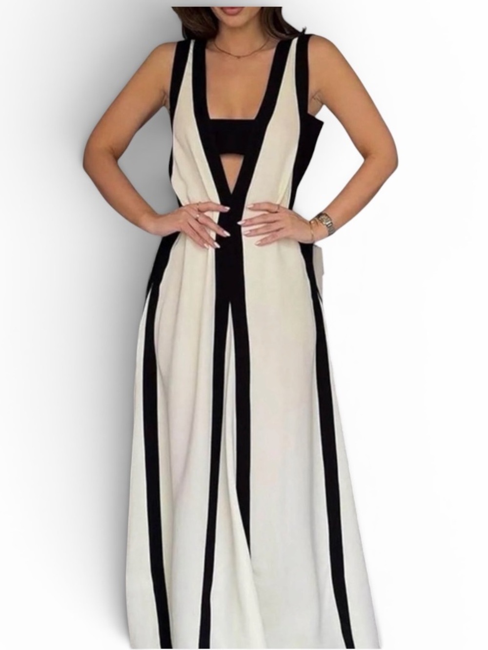 Reiss Black and Cream Maxi Dress with Contrasting Stripes